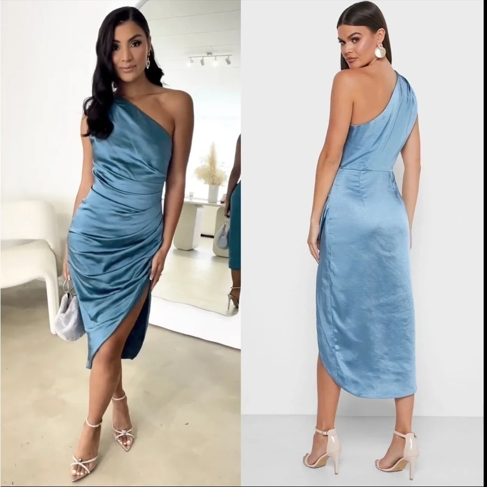 NWT ELLIATT 90s Ruched Satin Sleeveless 1 Shoulder Tulip Wrap Hem Midi Dress‎ XS